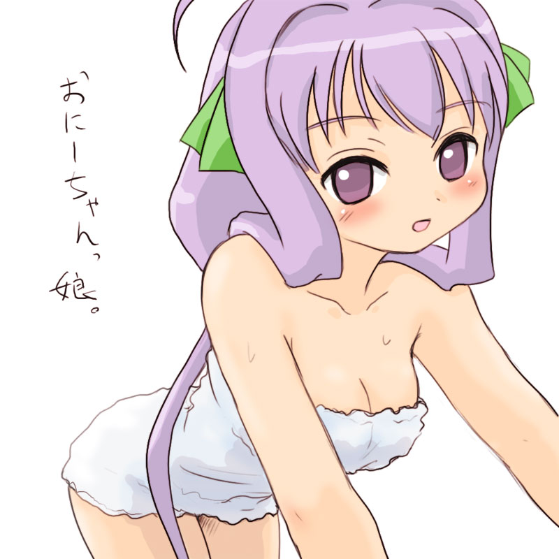 yuuichi (tareme paradise), yoshikawa maika, magikano, 00s, 1girl, bent over, blush, breasts, cleavage, female focus, hair ribbon, looking at viewer, naked towel, purple eyes, purple hair, ribbon, solo, towel, wet