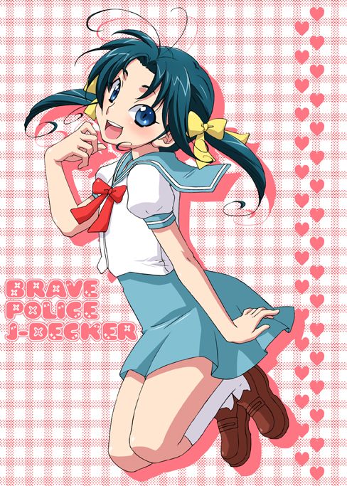 kuroo (project apricot), tomonaga yuuta, yuusha keisatsu j-decker, yuusha series, 1990s (style), 1boy, blue eyes, copyright name, crossdressing, crossdressing (mtf), green hair, loafers, male focus, pink background, retro artstyle, ribbon, school uniform, serafuku, shoes, socks, solo, trap, twintails