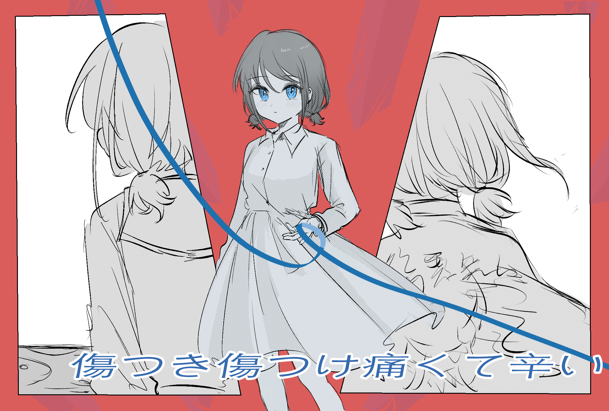 achadtea, iseri nina, girls band cry, chinese commentary, commentary request, highres, translation request, 1girl, blue eyes, blue ribbon, collared dress, dress, kuuhaku to catharsis, long sleeves, multiple views, partially colored, ribbon, school uniform, short twintails, solo, twintails