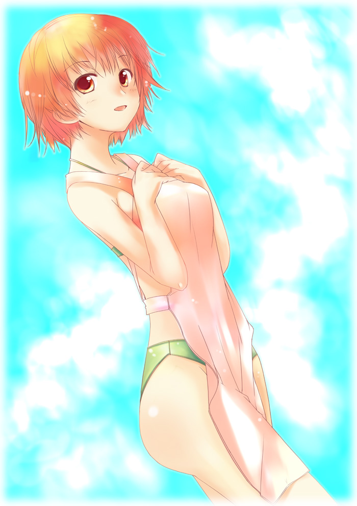 mizuki makoto, osaragi hazumu, kashimashi, 00s, 1girl, apron, bikini, day, female focus, from side, looking at viewer, orange eyes, orange hair, short hair, sky, solo, swimsuit