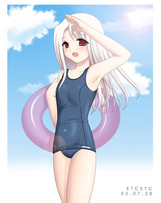 illyasviel von einzbern, fate/stay night, fate (series), 00s, 1girl, cloud, day, female focus, innertube, long hair, one-piece swimsuit, outdoors, school swimsuit, shading eyes, sky, solo, swim ring, swimsuit, white hair
