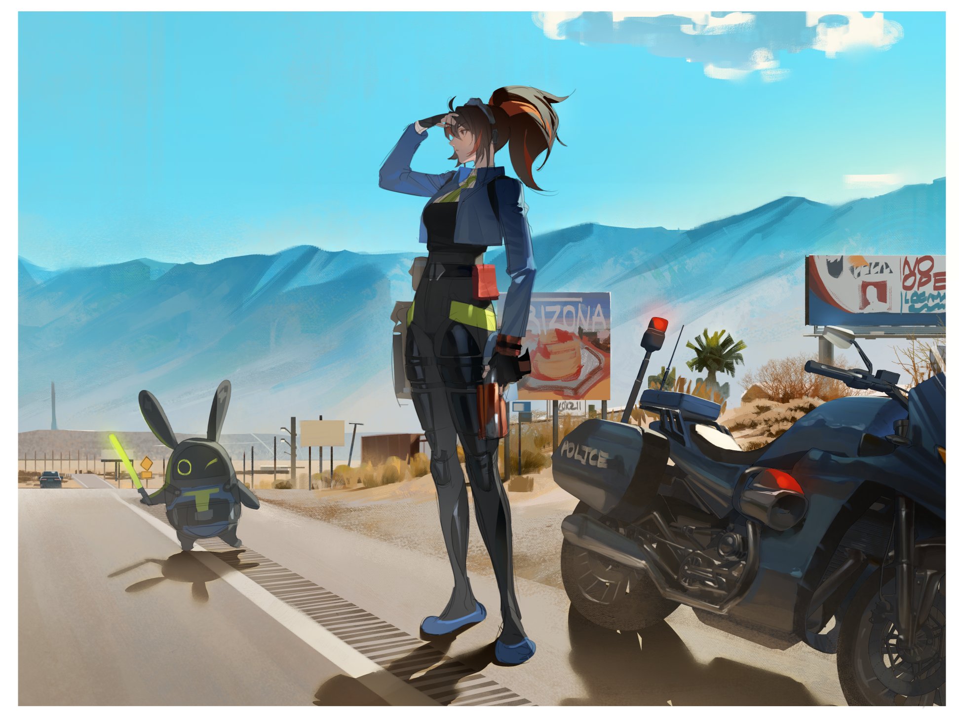 dumog, bangboo (zenless zone zero), zhu yuan, zenless zone zero, highres, 1girl, black hair, black pants, blue jacket, blue sky, border, breasts, day, full body, hairband, high-waist pants, jacket, large breasts, looking afar, metal hairband, motor vehicle, motorcycle, mountain, multicolored hair, outdoors, pants, police, police motorcycle, police uniform, policewoman, ponytail, red hair, road, securityboo (zenless zone zero), sky, solo, streaked hair, street, white border