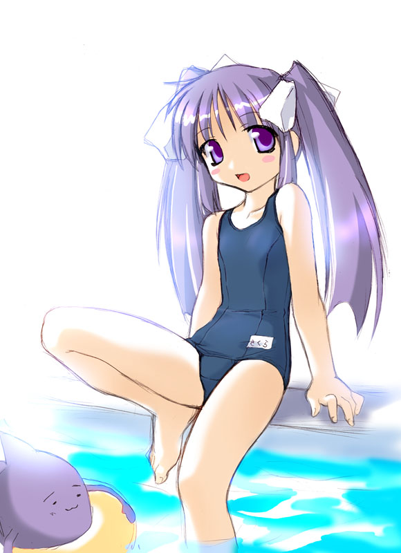 1girl, barefoot, blush, blush stickers, innertube, long hair, looking at viewer, matching hair/eyes, name tag, one-piece swimsuit, pool, purple eyes, purple hair, school swimsuit, swimsuit, twintails, water