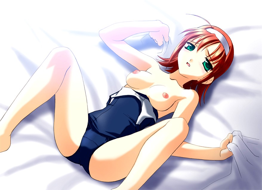 norizou type-r, suzumiya akane, kimi ga nozomu eien, 00s, 1girl, ahoge, bed, breasts, clothes pull, female focus, green eyes, hairband, medium breasts, nipples, one-piece swimsuit, one-piece swimsuit pull, orange hair, school swimsuit, solo, swimsuit, topless female