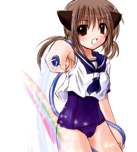 lowres, 1girl, animal ears, cat ears, female focus, hose, no pants, one-piece swimsuit, school swimsuit, school uniform, serafuku, solo, swimsuit, swimsuit under clothes
