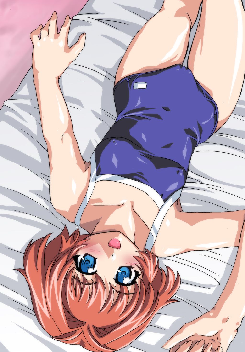 miyafuji miina, onegai twins, highres, 00s, :d, antenna hair, armpits, bed, blue eyes, blush, cameltoe, covered erect nipples, dutch angle, flat chest, from above, one-piece swimsuit, open mouth, red hair, school swimsuit, short hair, smile, solo, swimsuit, thighs