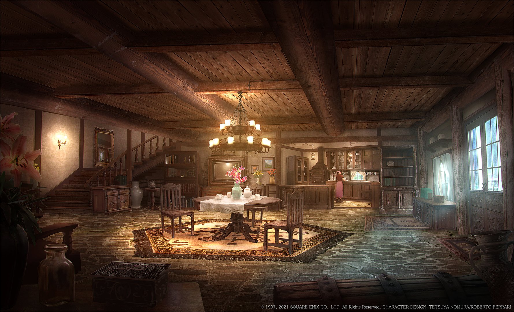 aerith gainsborough, final fantasy, final fantasy vii, final fantasy vii remake, concept art, highres, official art, 1girl, boots, brown boots, brown hair, chair, chandelier, cupboard, dress, flower, indoors, jacket, kitchen, long dress, pink dress, pink flower, pink ribbon, red jacket, ribbon, solo, stairs, sunlight, table, tablecloth, vase, window