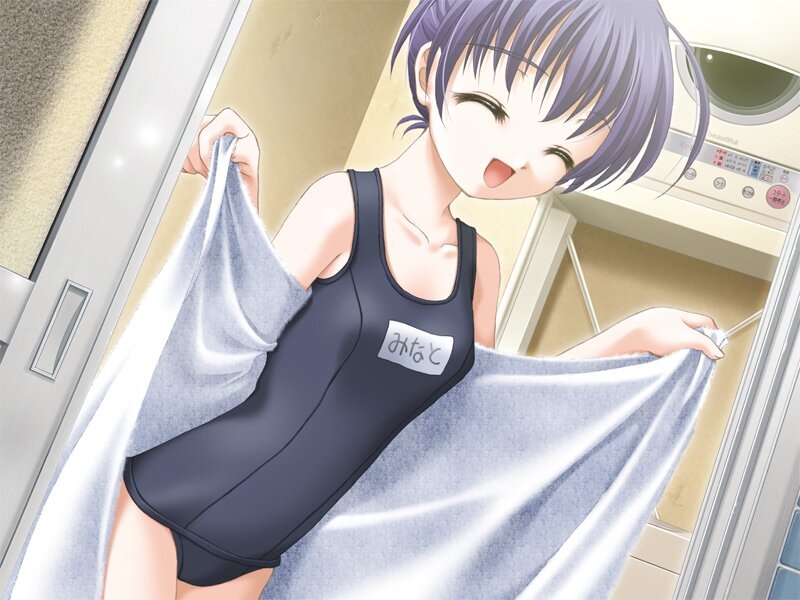 enomoto hiroaki, kusanagi minato, ochiba no mau koro, game cg, 1girl, black one-piece swimsuit, black school swimsuit, breasts, closed eyes, collarbone, door, female focus, name tag, one-piece swimsuit, open mouth, open towel, purple hair, school swimsuit, small breasts, smile, solo, swimsuit, towel