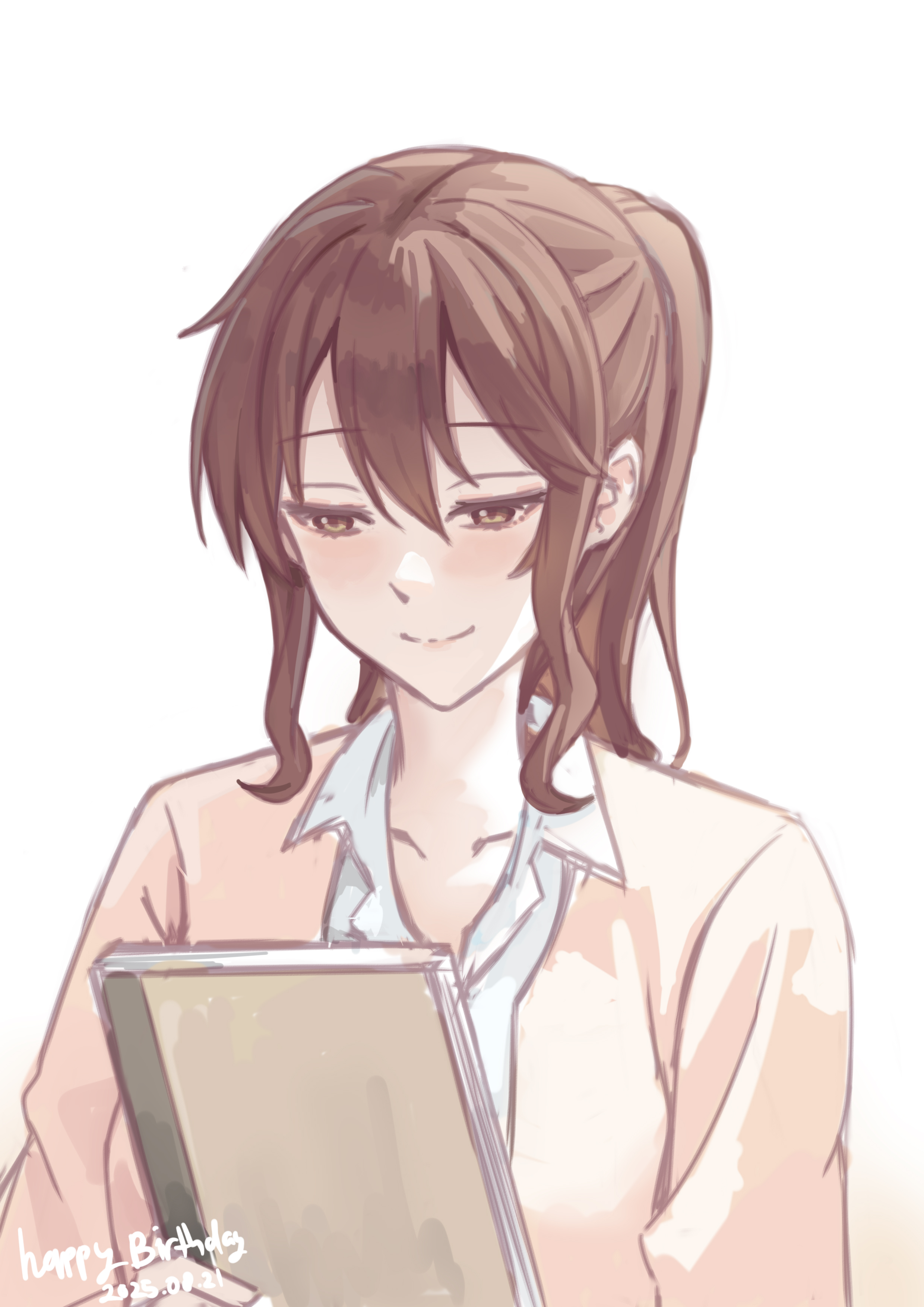smodzz998, oumae kumiko, hibike! euphonium, absurdres, highres, 1girl, aged up, blush, brown eyes, brown hair, closed mouth, collarbone, collared shirt, holding, holding notebook, jacket, long hair, notebook, pink jacket, ponytail, shirt, simple background, smile, solo, upper body, white background, white shirt