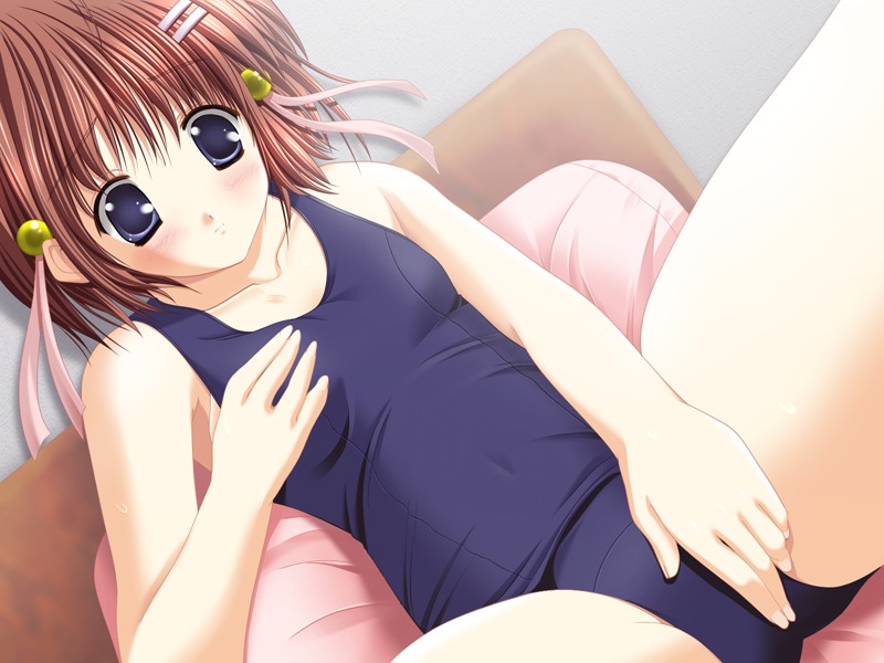 shimano maho, sukumizu ~fecchi ni narumon!~, game cg, 1girl, bed, female focus, hairclip, old school swimsuit, one-piece swimsuit, parallel hairclips, school swimsuit, solo, swimsuit