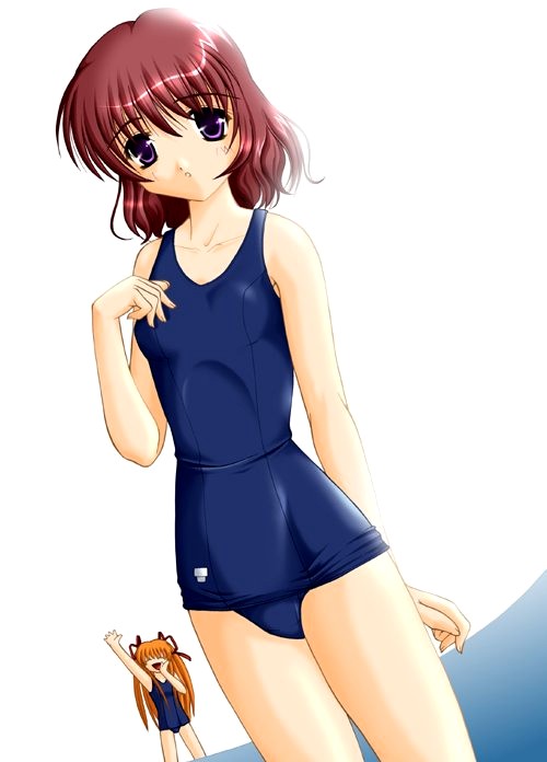 amano mishio, sawatari makoto, kanon, 2girls, arm behind back, arm up, blonde hair, brown hair, cowboy shot, hair ribbon, hand on own chest, long hair, looking at viewer, multiple girls, one-piece swimsuit, orange hair, purple eyes, red hair, ribbon, school swimsuit, shouting, simple background, swimsuit