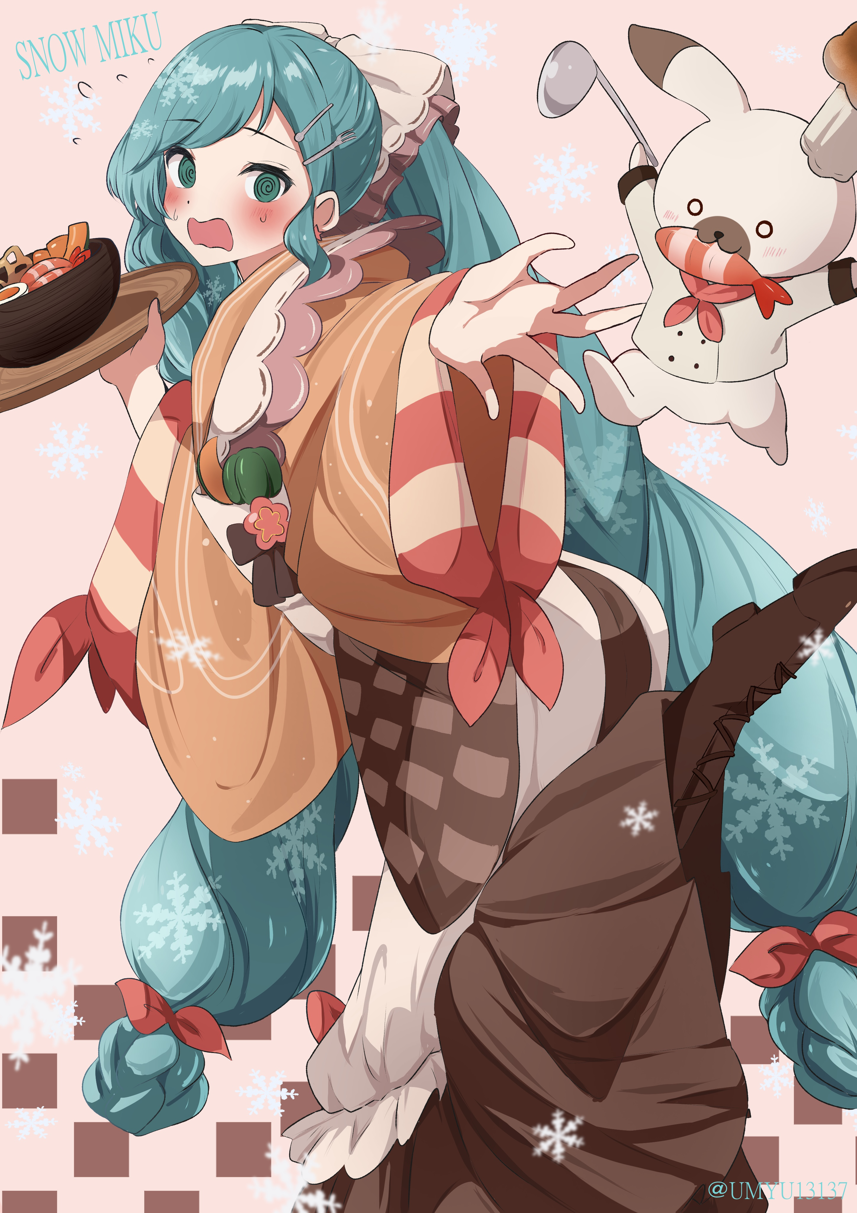 oyu (umyu13137), hatsune miku, rabbit yukine, yuki miku, yuki miku (2024), vocaloid, absurdres, highres, 1girl, 1other, @ @, apron, blush, fork hair ornament, green eyes, green hair, hair ornament, holding, holding ladle, japanese clothes, kimono, ladle, long hair, long sleeves, looking at another, low-tied long hair, official alternate costume, official alternate hairstyle, open mouth, orange kimono, rabbit, soup ladle, spoon hair ornament, very long hair, white apron, wide sleeves
