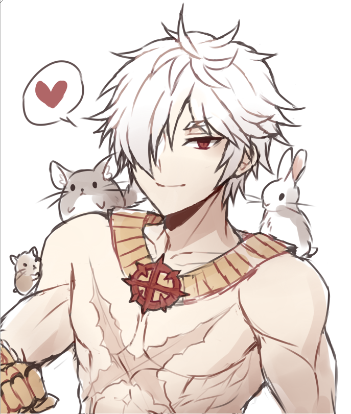 sura (ragnarok online), ragnarok online, commentary, english commentary, 1boy, astrarunia, chen lio, cross, cross necklace, cross of prontera, gauntlets, hair over one eye, heart, jewelry, looking at viewer, male focus, muscular, muscular male, necklace, no nipples, red eyes, scar, scar on chest, short hair, simple background, smile, solo, spoken heart, topless male, white background, white hair