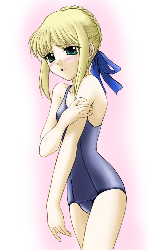 artoria pendragon (fate), saber (fate), fate/stay night, fate (series), 00s, 1girl, alternate costume, blonde hair, blush, bow, female focus, green eyes, hair bow, hand on own arm, one-piece swimsuit, school swimsuit, sidelocks, solo, swimsuit