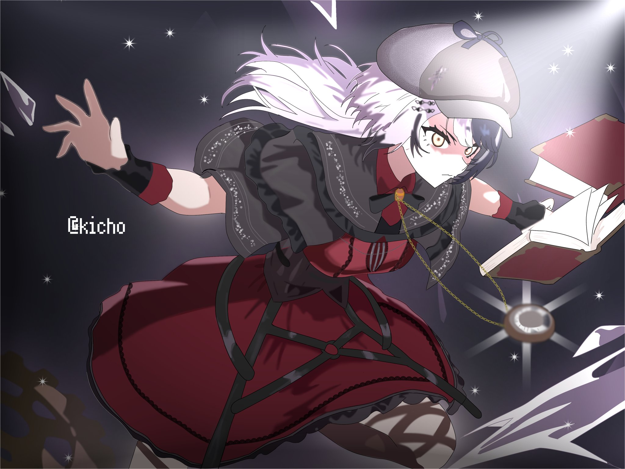 shiori novella, shiori novella (casual), hololive, hololive english, highres, 1girl, black capelet, black corset, black hair, book, brown thighhighs, capelet, corset, deerstalker, dress, floating, floating book, floating object, grey hat, hat, kicho 006, long hair, multicolored hair, official alternate costume, pocket watch, red dress, solo, split-color hair, thighhighs, two-tone hair, virtual youtuber, watch, white hair, yellow eyes