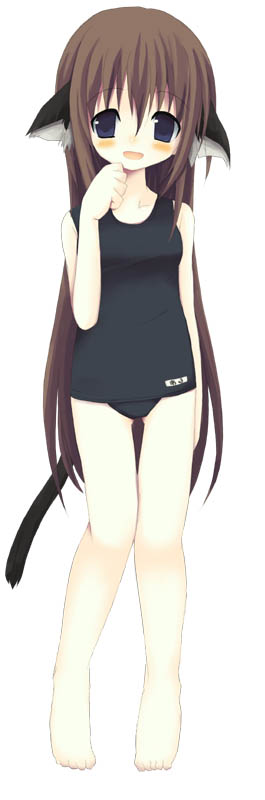 shiro (octet), arietta fine, symphonic rain, long image, tall image, 1girl, :d, animal ears, black one-piece swimsuit, blue eyes, brown hair, cat ears, female focus, kemonomimi mode, one-piece swimsuit, open mouth, school swimsuit, smile, solo, swimsuit