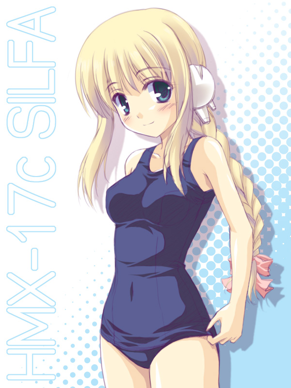 masakichi (crossroad), silfa (to heart), to heart (series), to heart 2, to heart 2 ad, 00s, 1girl, adjusting clothes, adjusting swimsuit, android, blonde hair, blue background, blue eyes, blue one-piece swimsuit, blush, bow, braid, braided ponytail, breasts, character name, collarbone, covered navel, cowboy shot, female focus, from side, hair bow, halftone, halftone background, head tilt, hip focus, impossible clothes, impossible swimsuit, legs together, light smile, long hair, looking at viewer, medium breasts, old school swimsuit, one-piece swimsuit, pink bow, robot ears, school swimsuit, shadow, sidelocks, single braid, smile, solo, standing, swimsuit, two-tone background, white background