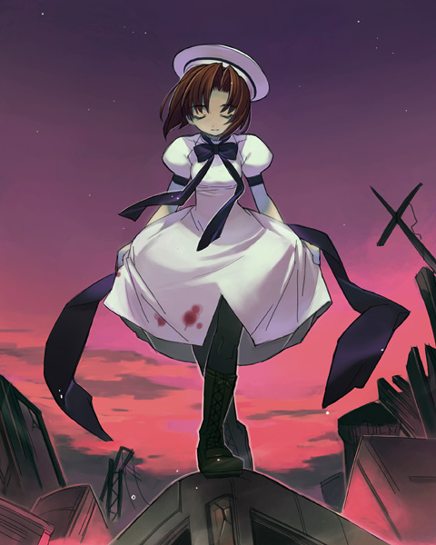 kizaki, ryuuguu rena, higurashi no naku koro ni, 00s, 1girl, beret, black boots, black bow, black bowtie, black pantyhose, blood, blood on clothes, boots, bow, bowing, bowtie, breasts, brown hair, closed eyes, closed mouth, cross, crossed legs, curtsey, dress, evening, facing viewer, female focus, full body, hat, lace-up boots, leaning forward, light smile, long sleeves, outdoors, pantyhose, parted bangs, puffy short sleeves, puffy sleeves, purple sky, red sky, ribbon, short hair, short sleeves, skirt hold, sky, small breasts, smile, solo, standing, thighhighs, twilight, watson cross, white dress, white hat