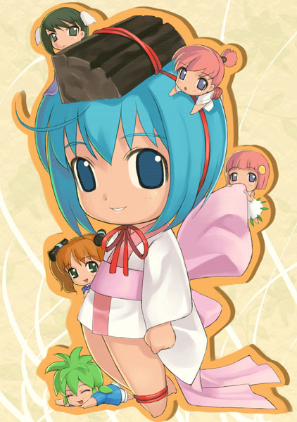 mikazuki akira!, aroe, binchou-tan (character), chiku-rin, chiku-tan, kunugi-tan, ren-tan, binchou-tan, binchou-tan (series), 00s, 6+girls, ahoge, anklet, blue eyes, blue hair, bow, chibi, chibi only, everyone, jewelry, multiple girls, obi, object on head, sash