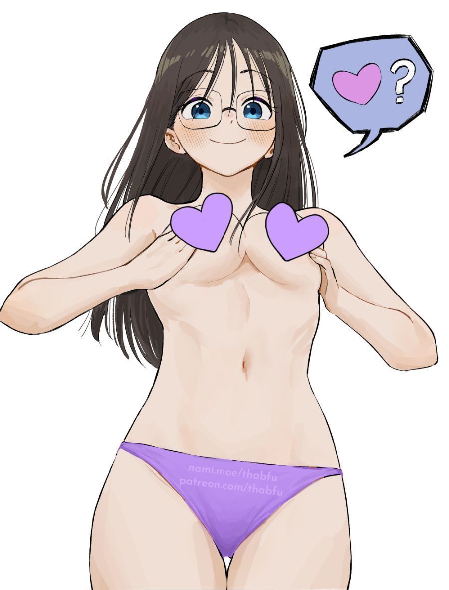 thabfu, original, commentary, english commentary, 1girl, ?, artist name, black hair, blue eyes, blush, breasts, censored, censored nipples, choppy bangs, closed mouth, cowboy shot, dot nose, glasses, hands on own chest, hands up, heart, heart censor, long hair, looking at viewer, medium breasts, navel, panties, patreon username, purple panties, simple background, smile, solo, spoken heart, spoken question mark, standing, stomach, thigh gap, topless female, underwear, underwear only, watermark, white background