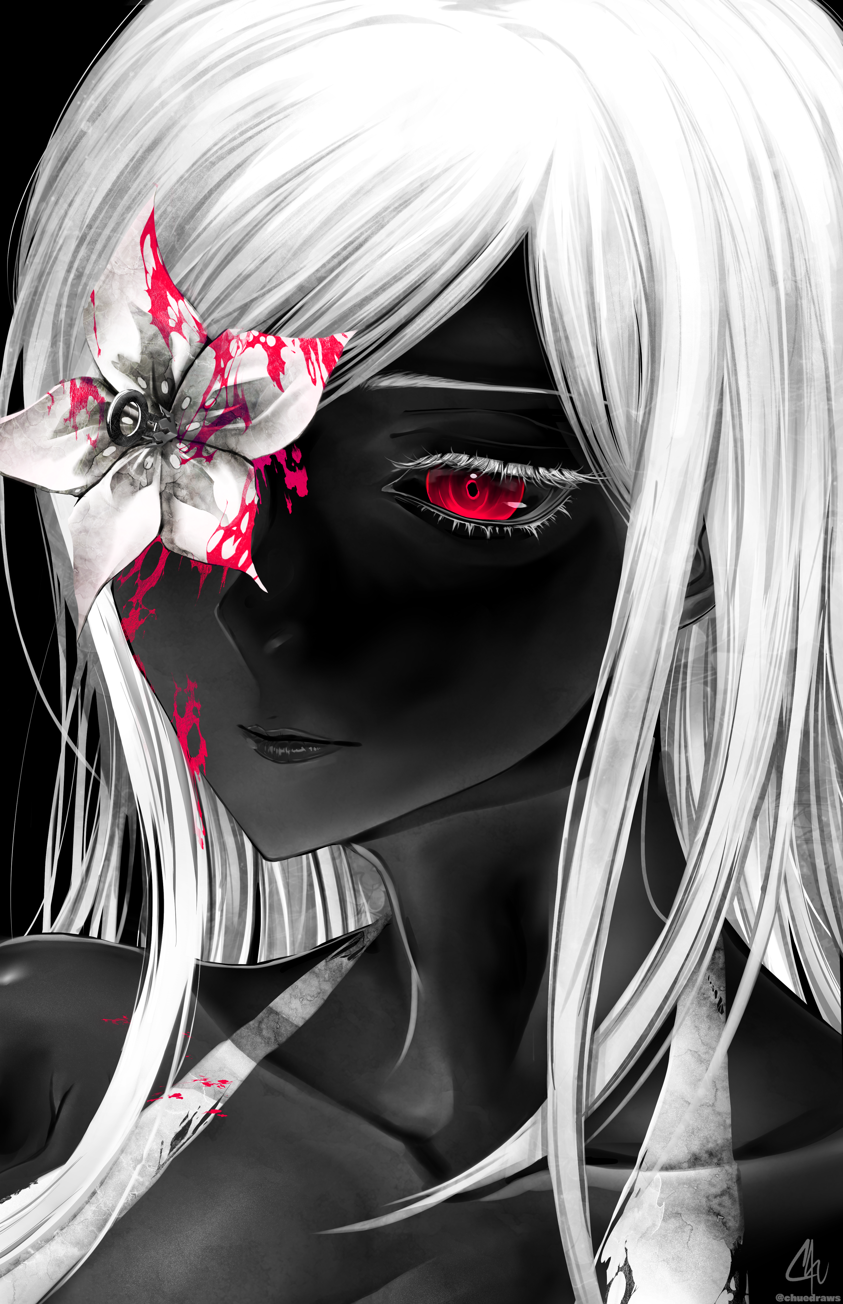 chu-e, zero (drag-on dragoon), drag-on dragoon, drag-on dragoon 3, absurdres, highres, 1girl, black background, black skin, blood, blood on face, blood on flower, collarbone, colored eyelashes, colored skin, flower, flower over eye, halterneck, long hair, looking ahead, parted bangs, portrait, red eyes, signature, simple background, solo, spot color, twitter username, white eyelashes, white flower, white hair