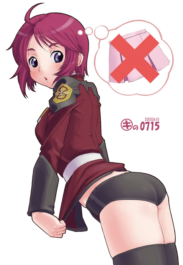 kei jiei, lunamaria hawke, gundam, gundam seed, gundam seed destiny, 00s, ahoge, buruma, gym uniform, military, military uniform, purple eyes, purple hair, seed, short hair, solo, thighhighs