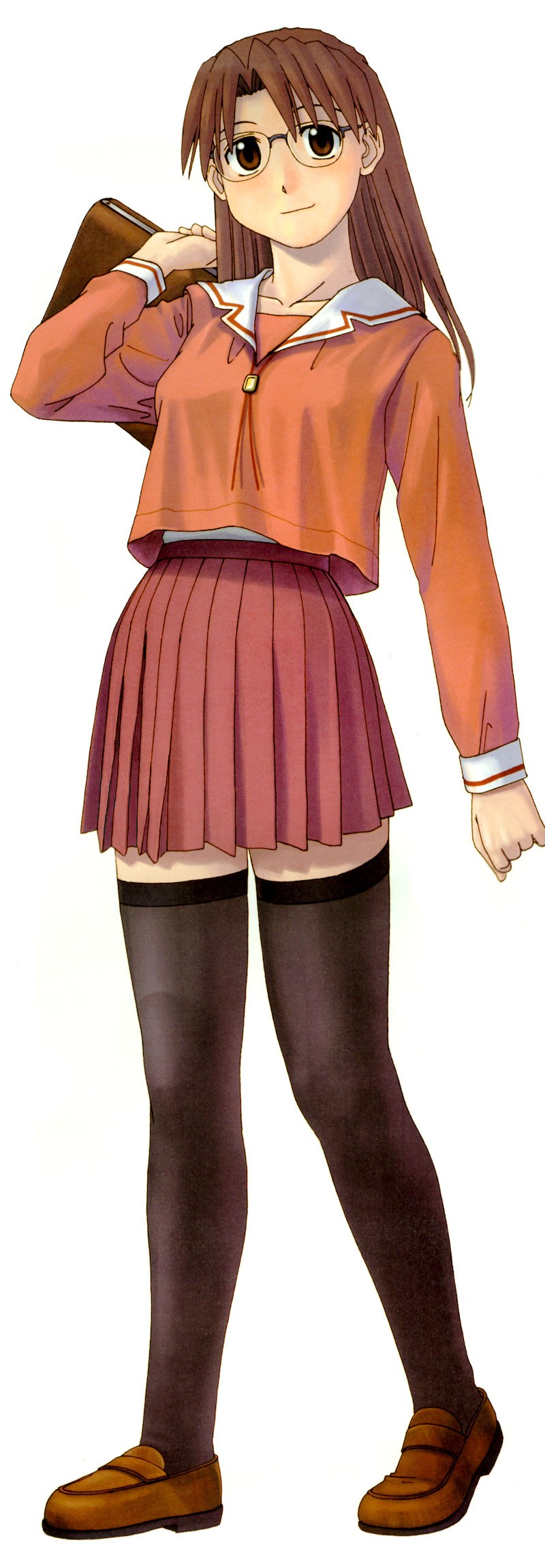 azuma kiyohiko, mizuhara koyomi, azumanga daiou, highres, official art, 1girl, brown eyes, brown hair, female focus, glasses, pleated skirt, school uniform, serafuku, skirt, solo, thighhighs, zettai ryouiki