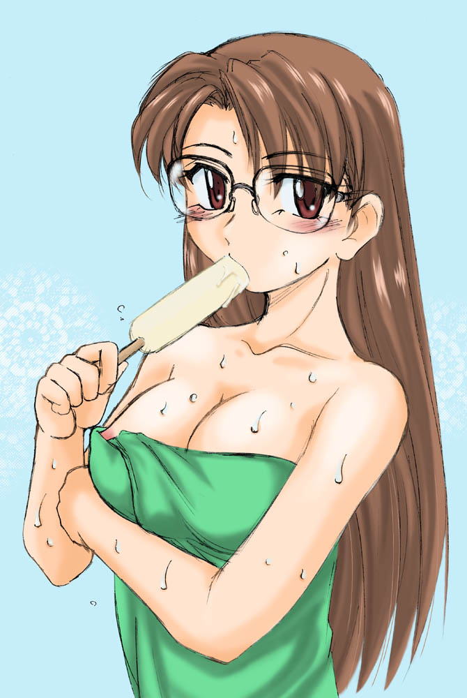 mizuhara koyomi, azumanga daiou, original, 1girl, blush, breasts, brown hair, cleavage, female focus, food, glasses, large breasts, long hair, naked towel, nipple slip, nipples, popsicle, red eyes, sexually suggestive, simple background, solo, towel, very long hair, wet