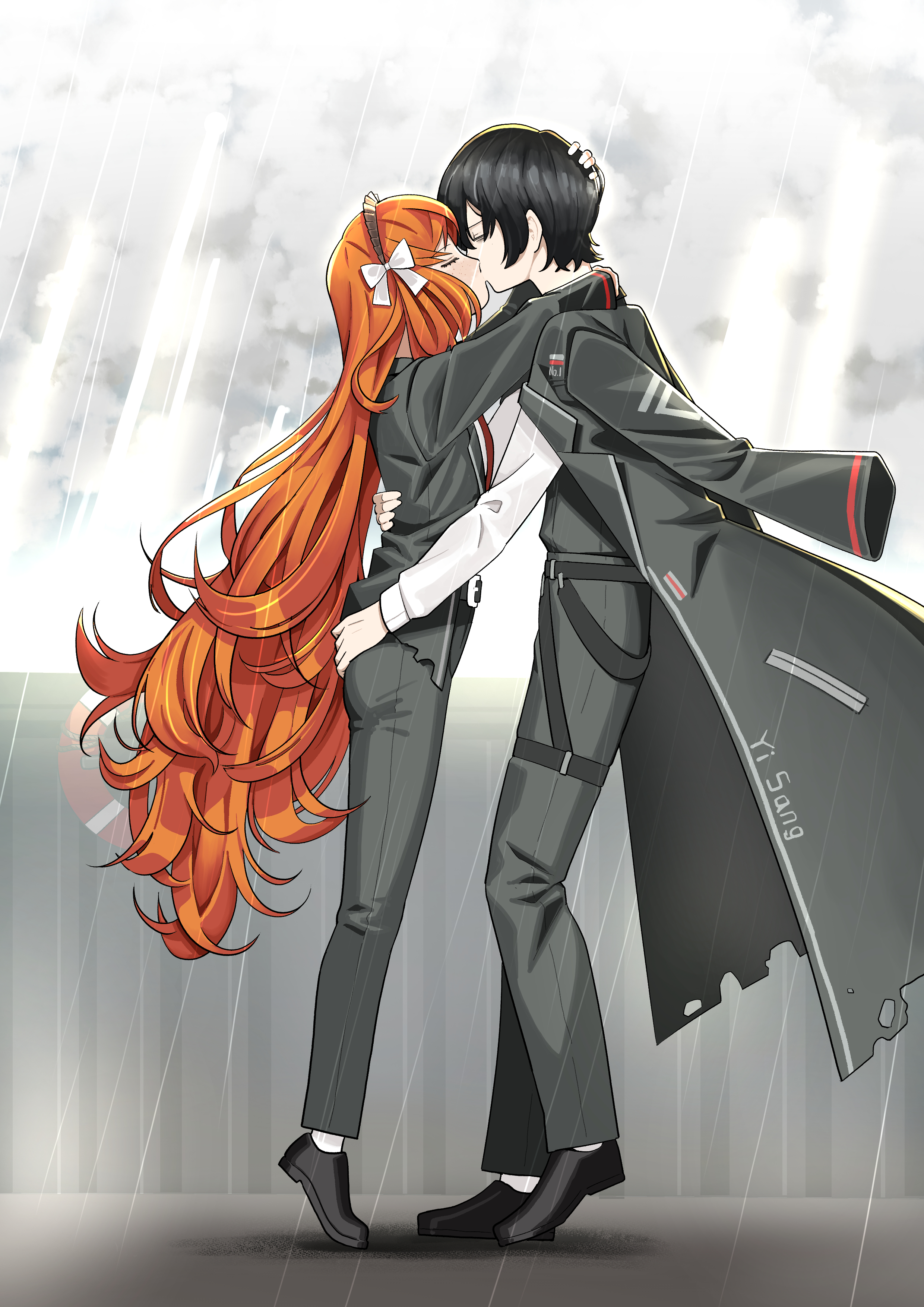 tunao, ishmael (project moon), yi sang (project moon), limbus company, project moon, absurdres, commentary, commission, highres, skeb commission, 1boy, 1girl, arm up, black hair, black shoes, blush, bow, closed eyes, cloud, cloudy sky, from side, grey jacket, grey pants, hand on another's head, height difference, hetero, jacket, kiss, lifebuoy, long hair, long sleeves, orange hair, outdoors, pants, rain, shirt, shoes, sky, socks, sunlight, swim ring, tiptoes, very long hair, white bow, white shirt, white socks