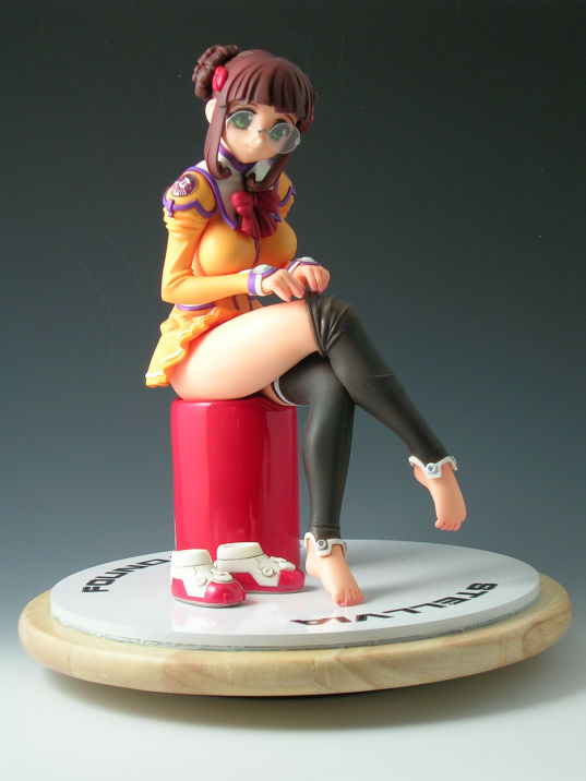 fujisawa yayoi, fujisawa yayoi (uchuu no stellvia), uchuu no stellvia, photo (medium), 00s, 1girl, barefoot, feet, female focus, figure, glasses, orange shirt, shirt, sock pull, solo, toe scrunch, toes