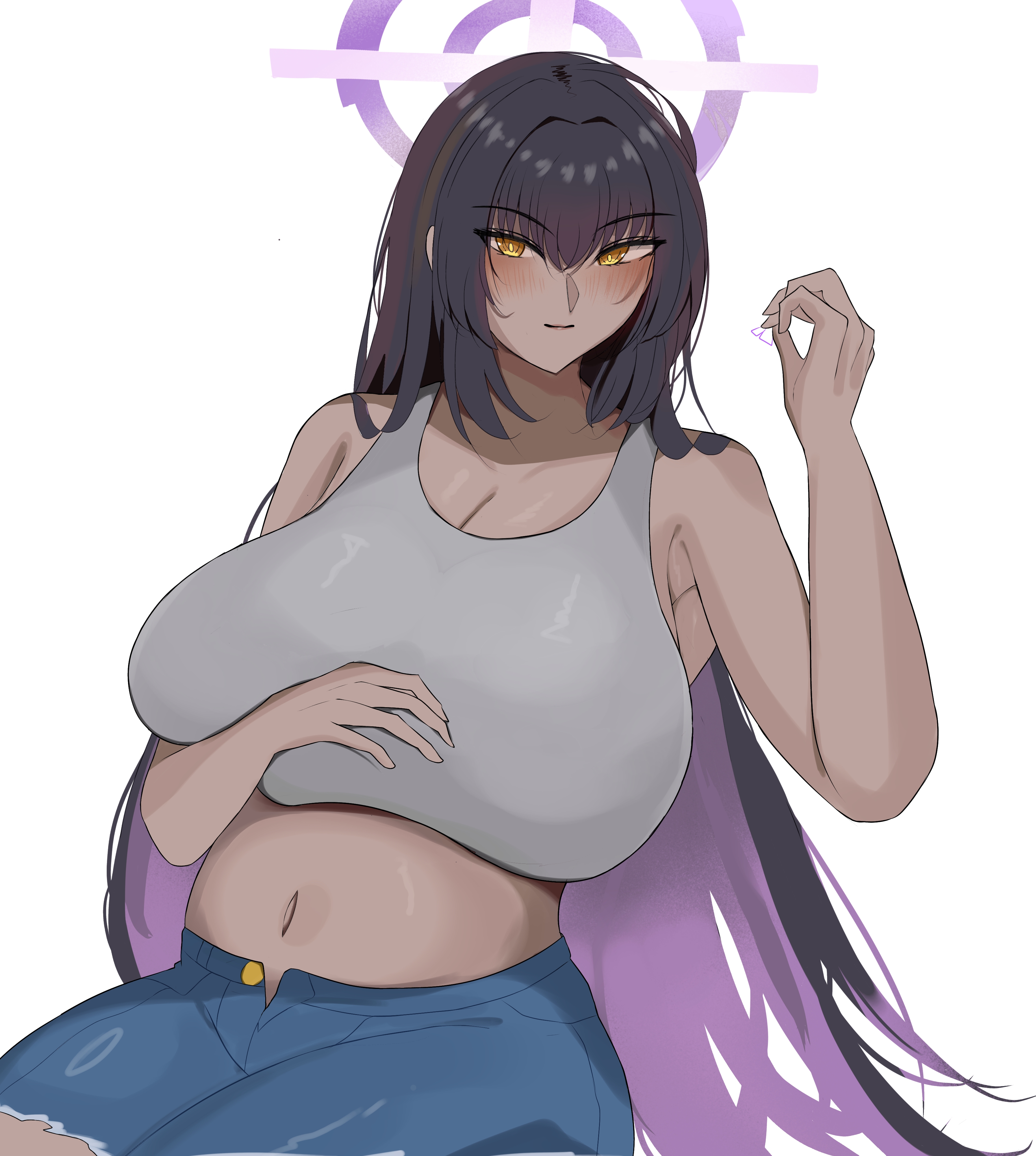 edelweiss17701, karin (blue archive), blue archive, absurdres, highres, self-upload, 1girl, alternate breast size (larger), belly, black hair, blush, breasts, casual, dark-skinned female, dark skin, denim, halo, huge breasts, jeans, large breasts, long hair, looking at viewer, multicolored hair, multicolored halo, navel, pants, purple halo, smile, tan, very dark skin