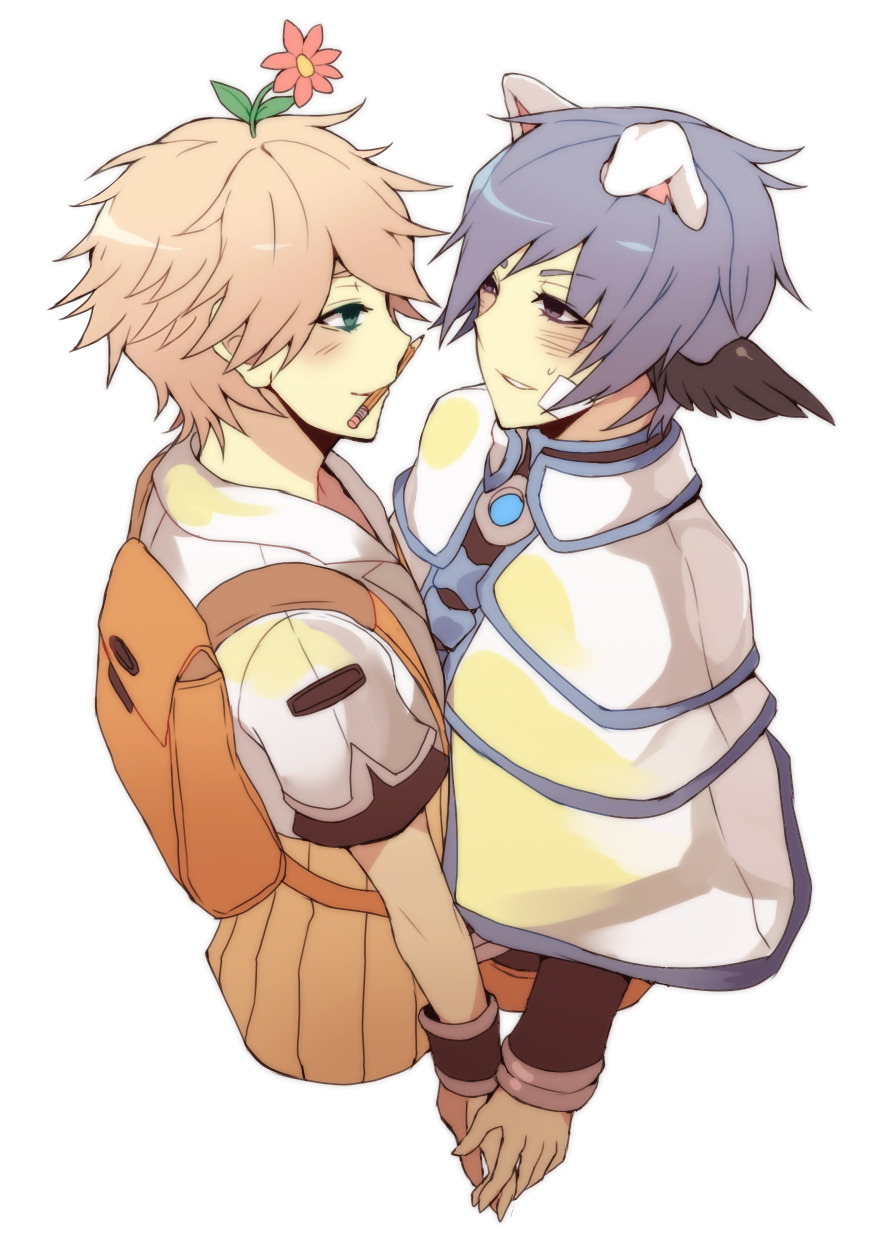 hunter (ragnarok online), sage (ragnarok online), ragnarok online, highres, 2boys, animal ears, astrarunia, backpack, bag, black wings, blue eyes, blue hair, brown bag, brown hair, brown shirt, cape, closed mouth, cropped jacket, dog boy, dog ears, feathered wings, flower, flower on head, jacket, looking at another, male focus, mouth hold, multiple boys, open mouth, pencil, pink flower, shirt, short hair, short sleeves, simple background, smile, upper body, white background, white cape, white jacket, wings, yaoi