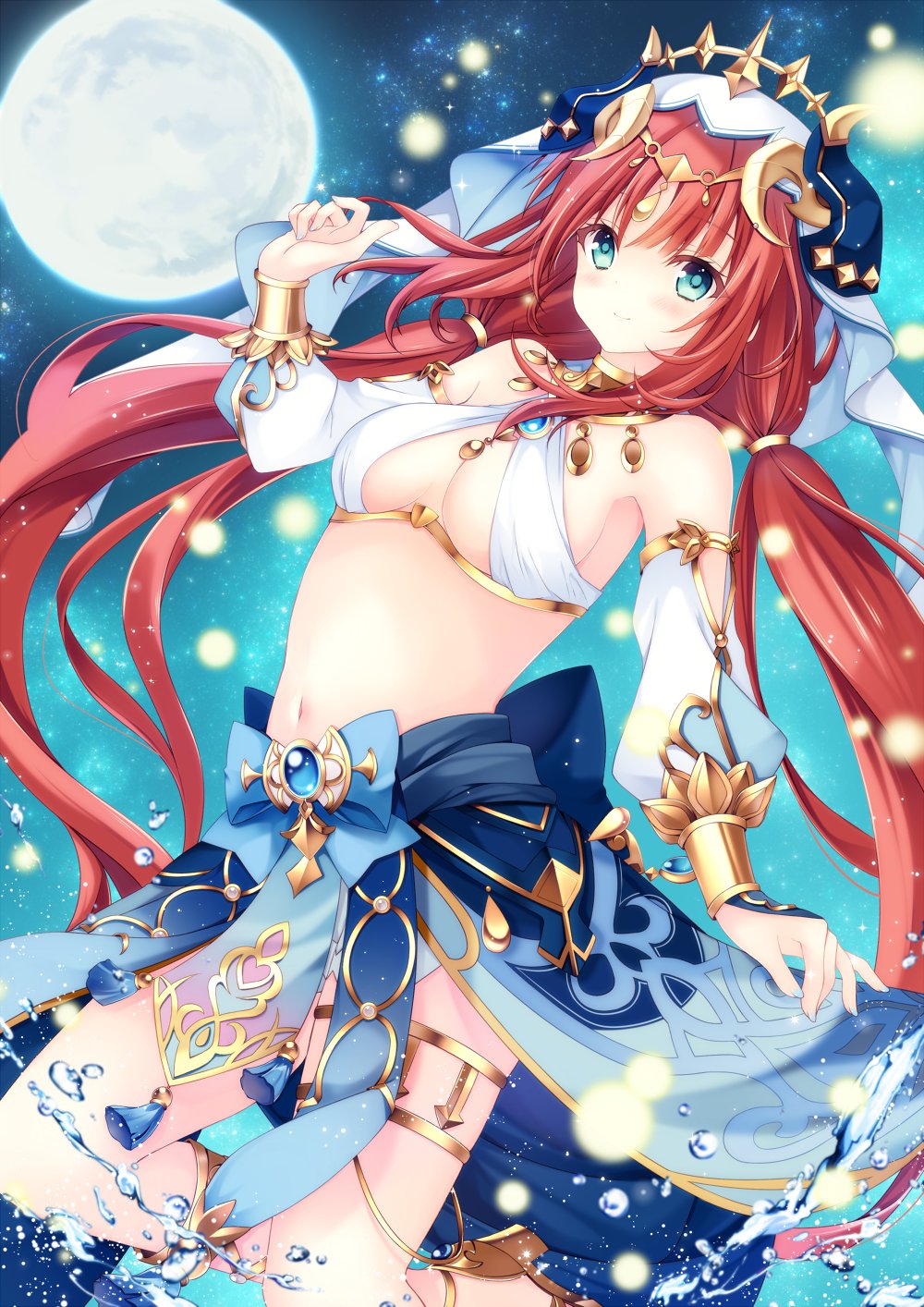 hiryuu kanon, nilou (genshin impact), genshin impact, commentary request, commission, highres, skeb commission, 1girl, aqua eyes, bare shoulders, black horns, blue brooch, blue skirt, breasts, brooch, closed mouth, detached sleeves, fake horns, full moon, hand up, harem outfit, horns, jewelry, light blush, long hair, looking at viewer, low twintails, midriff, moon, navel, puffy detached sleeves, puffy sleeves, red hair, skirt, sky, small breasts, smile, solo, star (sky), starry sky, thighlet, twintails, veil, water, white sleeves, white veil