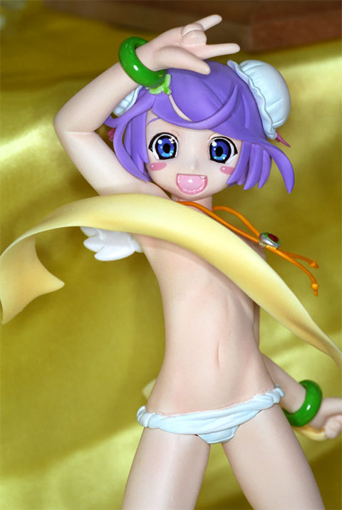 mii (popotan), popotan, photo (medium), 00s, 1girl, blue eyes, bracelet, censored, convenient censoring, double bun, female focus, figure, hair bun, jewelry, navel, panties, purple hair, smile, solo, underwear
