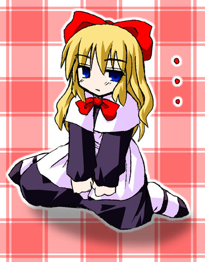 murabito, shanghai doll, touhou, white legwear, …, 1girl, apron, black dress, blonde hair, blue eyes, bow, bowtie, capelet, checkered background, doll, dress, expressionless, female focus, full body, gradient background, hair bow, long hair, long sleeves, looking at viewer, red bow, red bowtie, ribbon, sitting, solo, spread legs, wariza, wavy hair, white apron