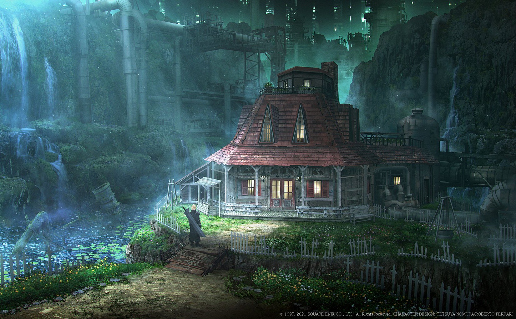 cloud strife, final fantasy, final fantasy vii, final fantasy vii remake, square enix, concept art, highres, official art, 1boy, black boots, black pants, blonde hair, boots, city lights, cliff, fence, flower, garden, house, huge weapon, industrial pipe, lily pad, pants, picket fence, short hair, solo, sunlight, water, waterfall, weapon, weapon on back, wooden fence, yellow flower