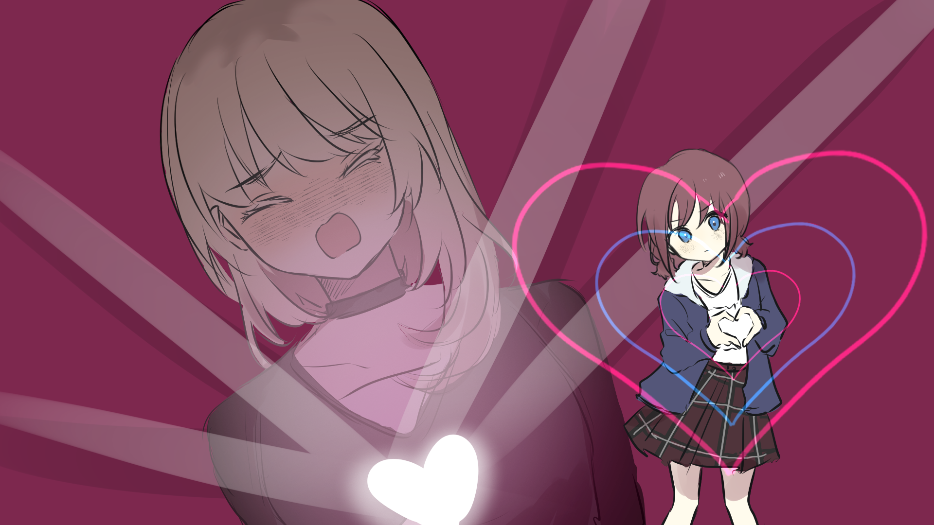 achadtea, iseri nina, kawaragi momoka, girls band cry, chinese commentary, commentary request, highres, 2girls, black choker, black shirt, blue eyes, blue jacket, blush, brown hair, choker, closed eyes, closed mouth, grey hair, heart, heart hands, jacket, long hair, multicolored hair, multiple girls, open mouth, pink background, plaid clothes, plaid skirt, pleated skirt, red skirt, roots (hair), shirt, short twintails, skirt, twintails, white shirt, yuri