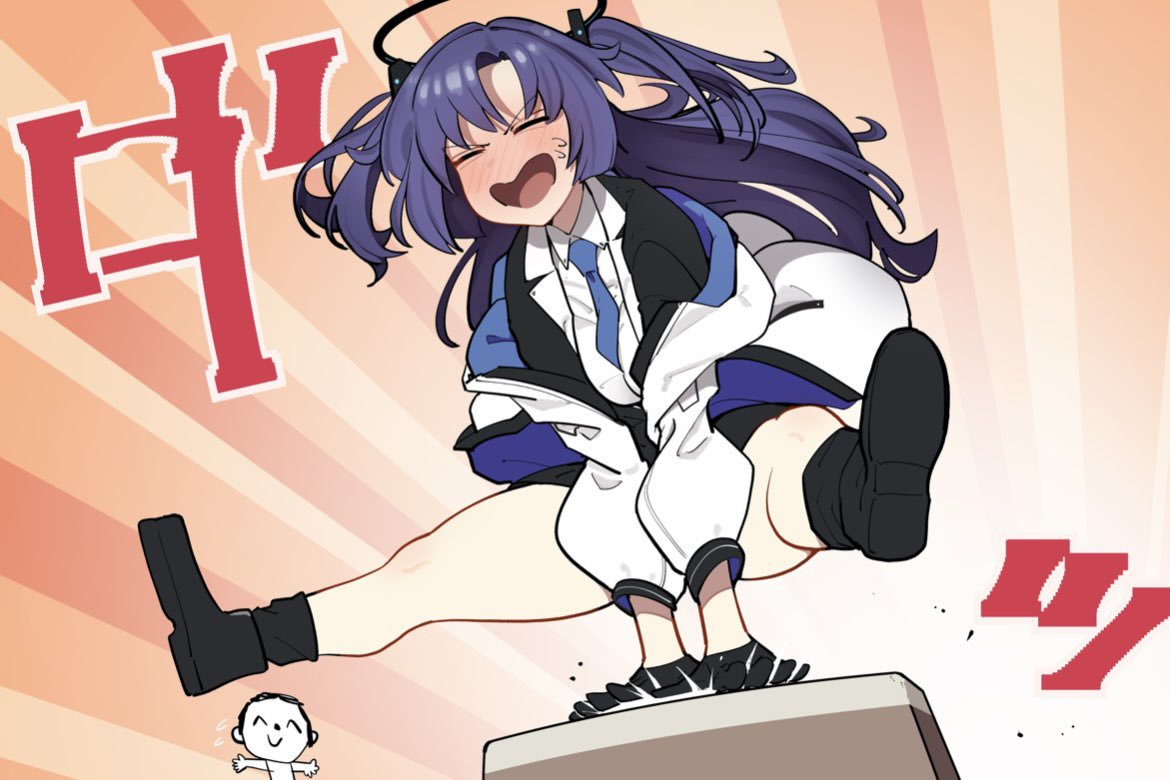 tunao, doodle sensei (blue archive), sensei (blue archive), yuuka (blue archive), blue archive, commentary request, 1boy, 1girl, between breasts, black gloves, black jacket, black shoes, black skirt, black socks, blue necktie, blush, breasts, closed eyes, closed mouth, collared shirt, flying sweatdrops, gloves, jacket, long hair, long sleeves, medium breasts, necktie, necktie between breasts, nose blush, open mouth, pleated skirt, puffy long sleeves, puffy sleeves, purple hair, shirt, shoe soles, shoes, skirt, socks, solo focus, sweat, two side up, v-shaped eyebrows, vaulting horse, very long hair, white jacket, white shirt