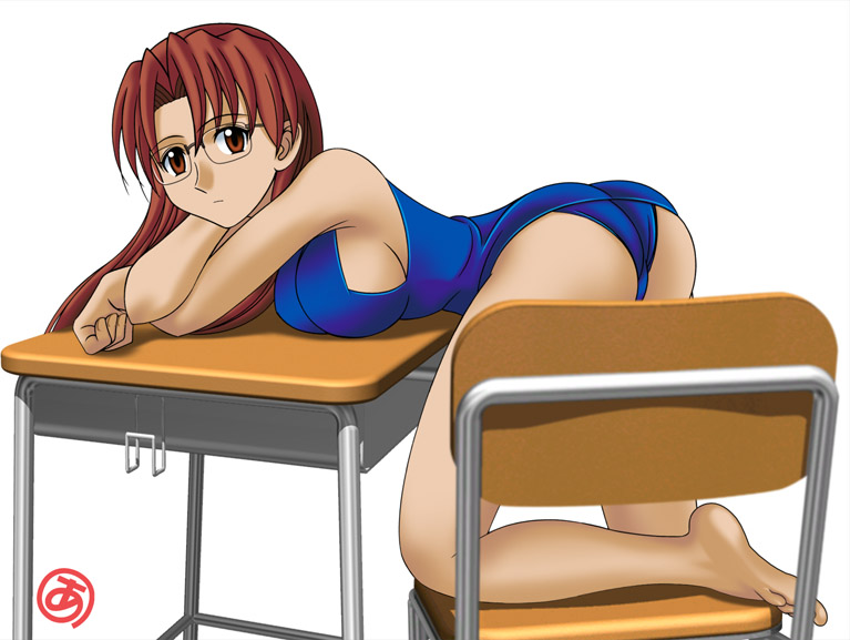 mizuhara koyomi, azumanga daiou, ass, breasts, brown eyes, brown hair, chair, desk, glasses, one-piece swimsuit, school swimsuit, sideboob, solo, swimsuit