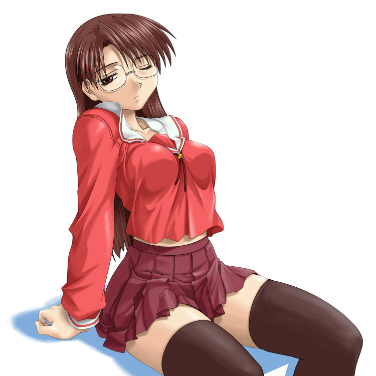 umekichi, mizuhara koyomi, azumanga daiou, 1girl, breasts, brown eyes, brown hair, female focus, glasses, impossible clothes, impossible shirt, large breasts, long hair, long sleeves, midriff, one eye closed, pleated skirt, school uniform, serafuku, shirt, simple background, skirt, solo, thighhighs, white background, zettai ryouiki
