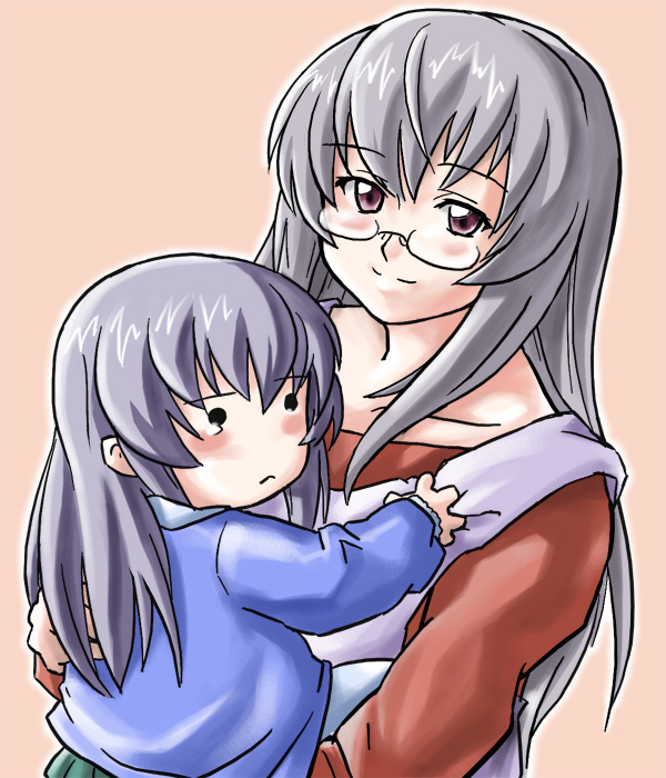suigintou, rozen maiden, silver hair, 00s, 2girls, aged up, apron, bespectacled, carrying, collarbone, glasses, long hair, looking at viewer, multiple girls