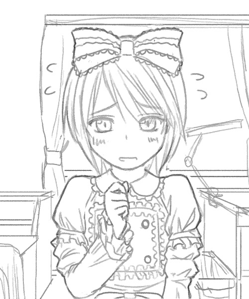 souseiseki, rozen maiden, 00s, 1girl, armlet, desk, desk lamp, female focus, flying sweatdrops, frills, greyscale, heterochromia, indoors, jewelry, lamp, long sleeves, looking at viewer, monochrome, puffy long sleeves, puffy sleeves, solo, window