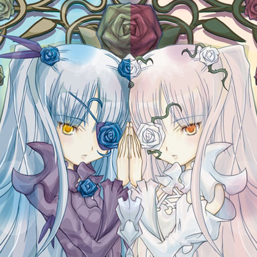 barasuishou, kirakishou, rozen maiden, silver hair, 00s, 2girls, dress, eyepatch, flower, flower eyepatch, hair ornament, long hair, looking at viewer, multiple girls, rose, symmetrical hand pose, symmetry, twintails, very long hair, yellow eyes