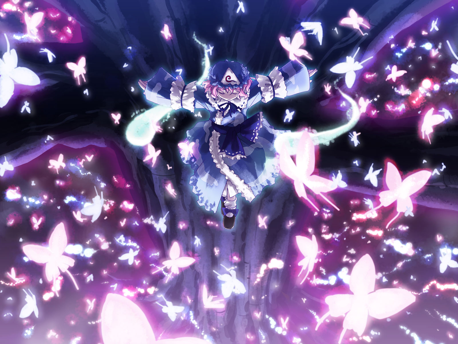 yuuki tatsuya, saigyouji yuyuko, touhou, highres, 1girl, bug, butterfly, closed eyes, female focus, ghost, hat, insect, mob cap, outstretched arms, solo, spread arms, tree