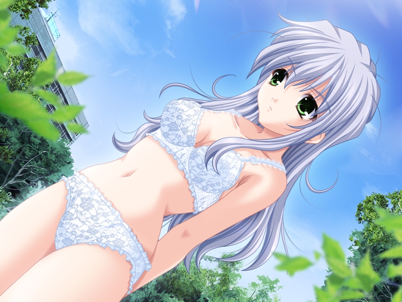 narutaki shin, himegami mitsuki, costume player, game cg, 1girl, arms behind back, blue hair, blue panties, bra, cloud, day, dutch angle, female focus, frilled panties, frills, green eyes, lingerie, long hair, navel, outdoors, panties, print panties, sky, solo, standing, underwear, underwear only