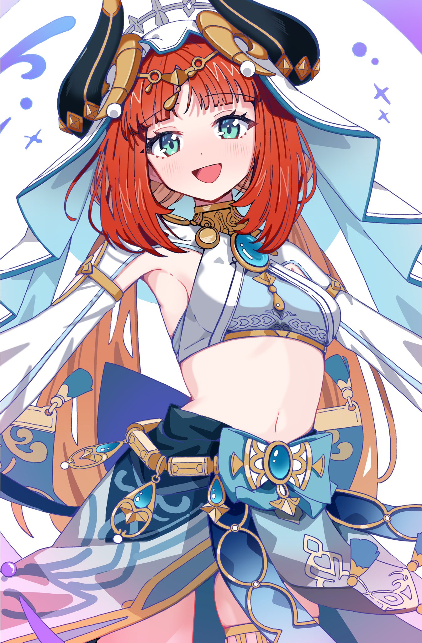 morumoru x, nilou (genshin impact), genshin impact, commentary request, highres, 1girl, aqua eyes, black horns, blue brooch, blue skirt, brooch, cowboy shot, crop top, fake horns, gold trim, harem outfit, horns, jewelry, long hair, looking at viewer, low twintails, midriff, navel, open mouth, red hair, skirt, smile, solo, stomach, thighlet, twintails, veil, white background, white veil