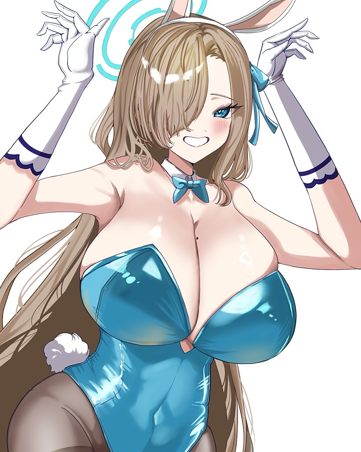 asuna (blue archive), asuna (bunny) (blue archive), blue archive, commentary request, highres, 1girl, animal ear hairband, animal ears, aqua bow, aqua bowtie, aqua leotard, aqua ribbon, armpits, asymmetrical bangs, blush, bow, bowtie, breasts, brown hair, covered navel, detached collar, fake animal ears, fake tail, gloves, grey pantyhose, hair over one eye, hair ribbon, hairband, hands up, highleg, highleg leotard, huge breasts, leotard, long hair, looking at viewer, mole, mole on breast, nishizora kiichi, official alternate costume, one eye covered, pantyhose, playboy bunny, plunging neckline, rabbit ear hairband, rabbit ears, rabbit tail, ribbon, simple background, smile, solo, straight hair, strapless, strapless leotard, tail, upper body, very long hair, white background, white gloves