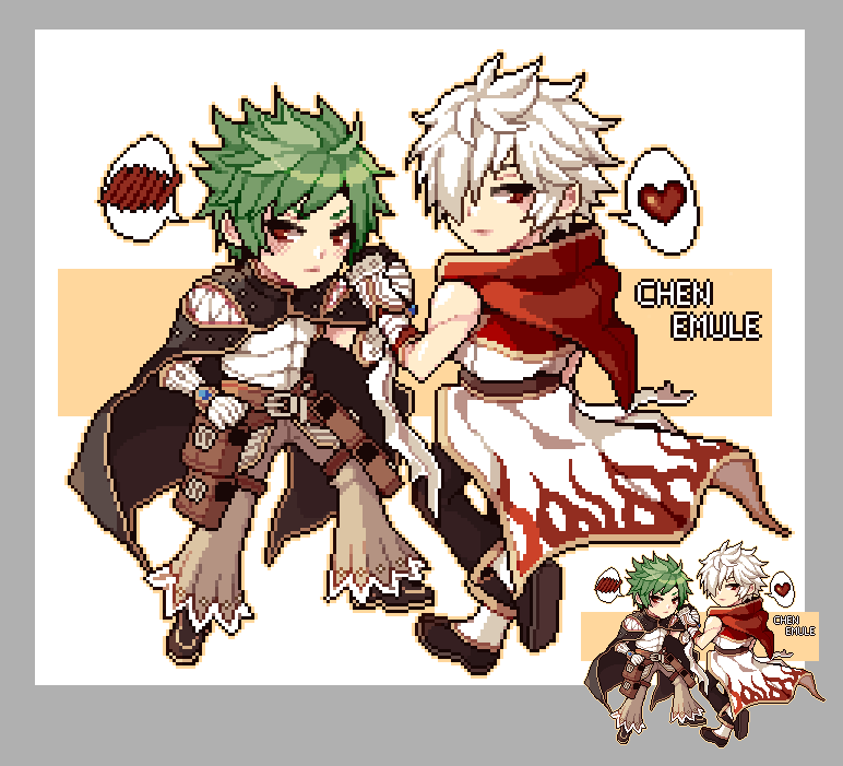 champion (ragnarok online), creator (ragnarok online), ragnarok online, commentary, english commentary, 2boys, astrarunia, belt, belt pouch, black cape, black pants, black shoes, brown belt, brown pants, cape, chen lio, closed mouth, coat, expressionless, flamel emure, full body, gloves, gold trim, green hair, hair over one eye, heart, hood, hood down, hooded coat, looking at viewer, male focus, multicolored coat, multiple boys, pants, pixel art, pouch, red coat, red eyes, shirt, shoes, short hair, sleeveless, sleeveless coat, spoken heart, standing, two-tone coat, white coat, white gloves, white hair, white shirt