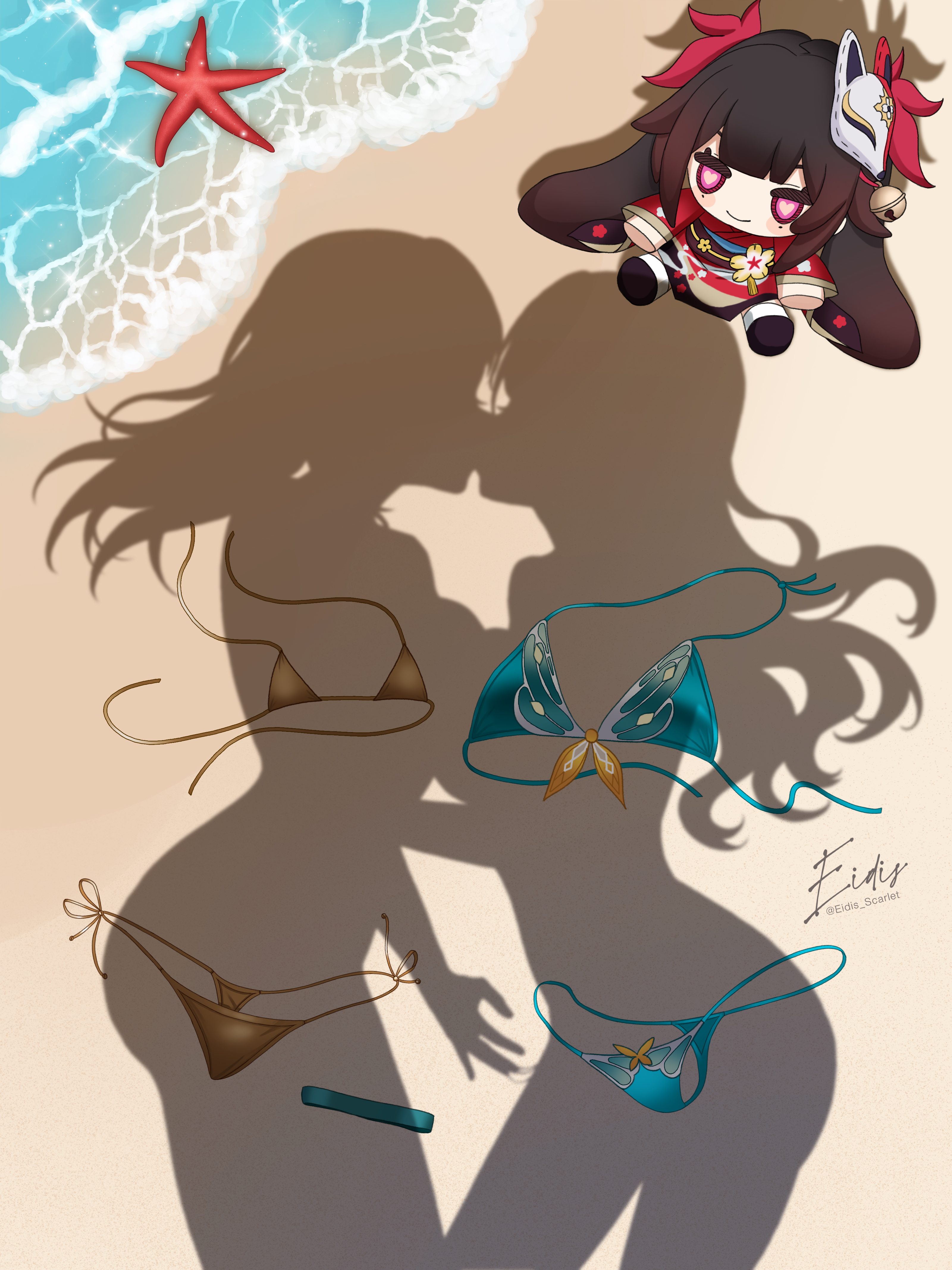 eidis scarlet, firefly (honkai: star rail), sparkle (doll) (honkai: star rail), stelle (honkai: star rail), trailblazer (honkai: star rail), honkai: star rail, honkai (series), absurdres, commentary, english commentary, highres, 2girls, beach, bikini, blue bikini, dressed shadow (meme), from above, implied after fingering, implied kiss, implied nudity, long hair, meme, multiple girls, outdoors, pov shadow, shadow, shore, starfish, swimsuit, unworn bikini, water, yellow bikini, yuri