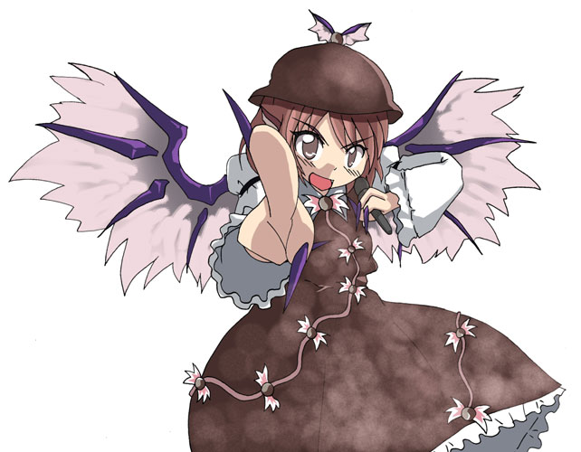 mystia lorelei, touhou, 1girl, animal ears, brown eyes, brown hair, claws, dress, female focus, fingernails, hat, long fingernails, microphone, nail polish, pink hair, pointing, purple eyes, purple nails, short hair, solo, wide sleeves, wings